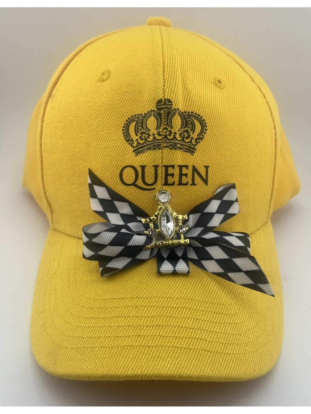 Queen Crown Yellow Baseball Cap Hat Jewel Bow Checked Adjustable Polyester